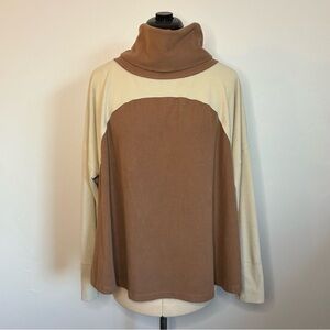 Neutral soft ribbed oversized mockneck/turtleneck poncho style pullover, Small